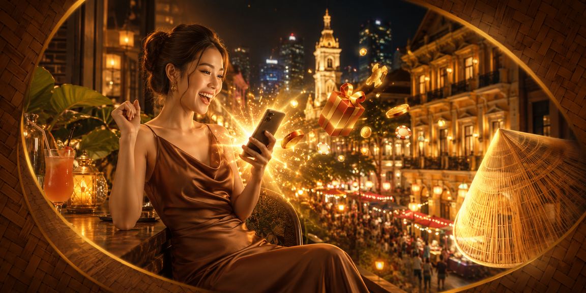 Cô gái đội nón lá tại Hồ Chí Minh trải nghiệm casino mobile trên điện thoại