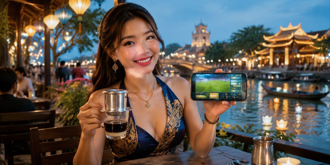 Người chơi Huế trải nghiệm casino trên điện thoại di động bên ly cà phê buổi sáng